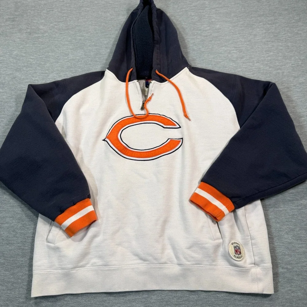 Reebok Hoodie Men L Navy White Bears NFL Gridiron Classic Half Zip Pullover‎